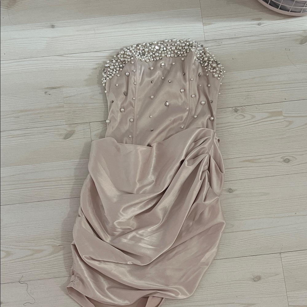 Fashion Nova Strapless Pearl-Embellished Dress in Cream